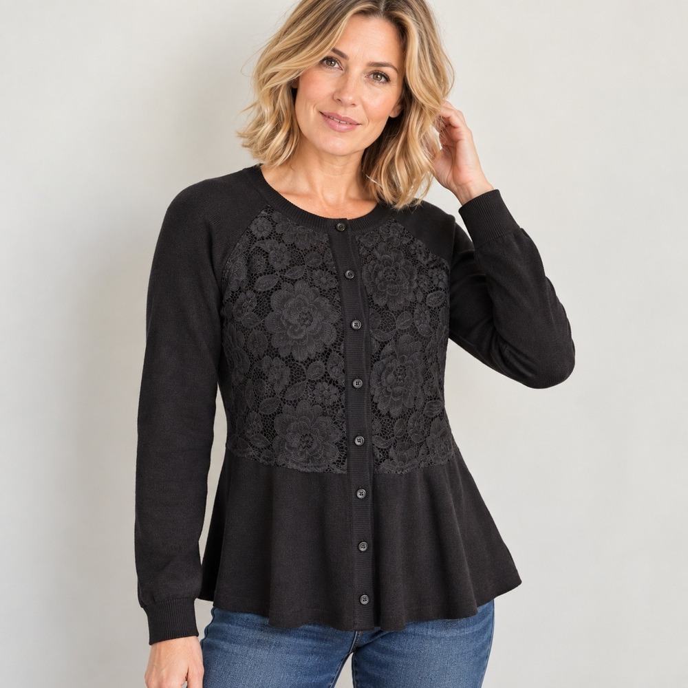 Isaac Mizrahi Live Womens M Black Floral Lace Peplum Button Front Cardigan